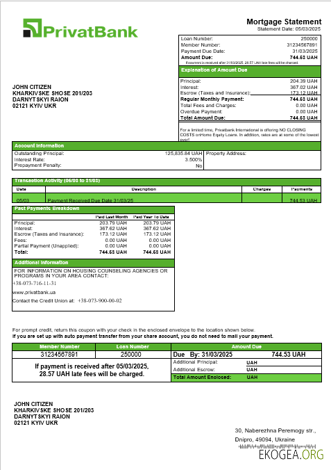 Relevé hypothécaire de la banque privée ukrainienne aux formats Word et PDF